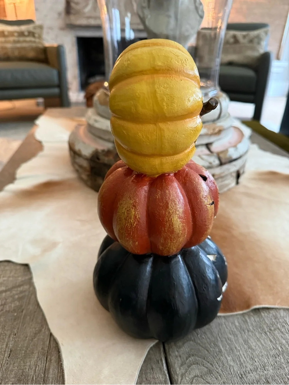 Stacked Pumpkin Smiles Halloween Table Accent - Yellow, Orange, Black